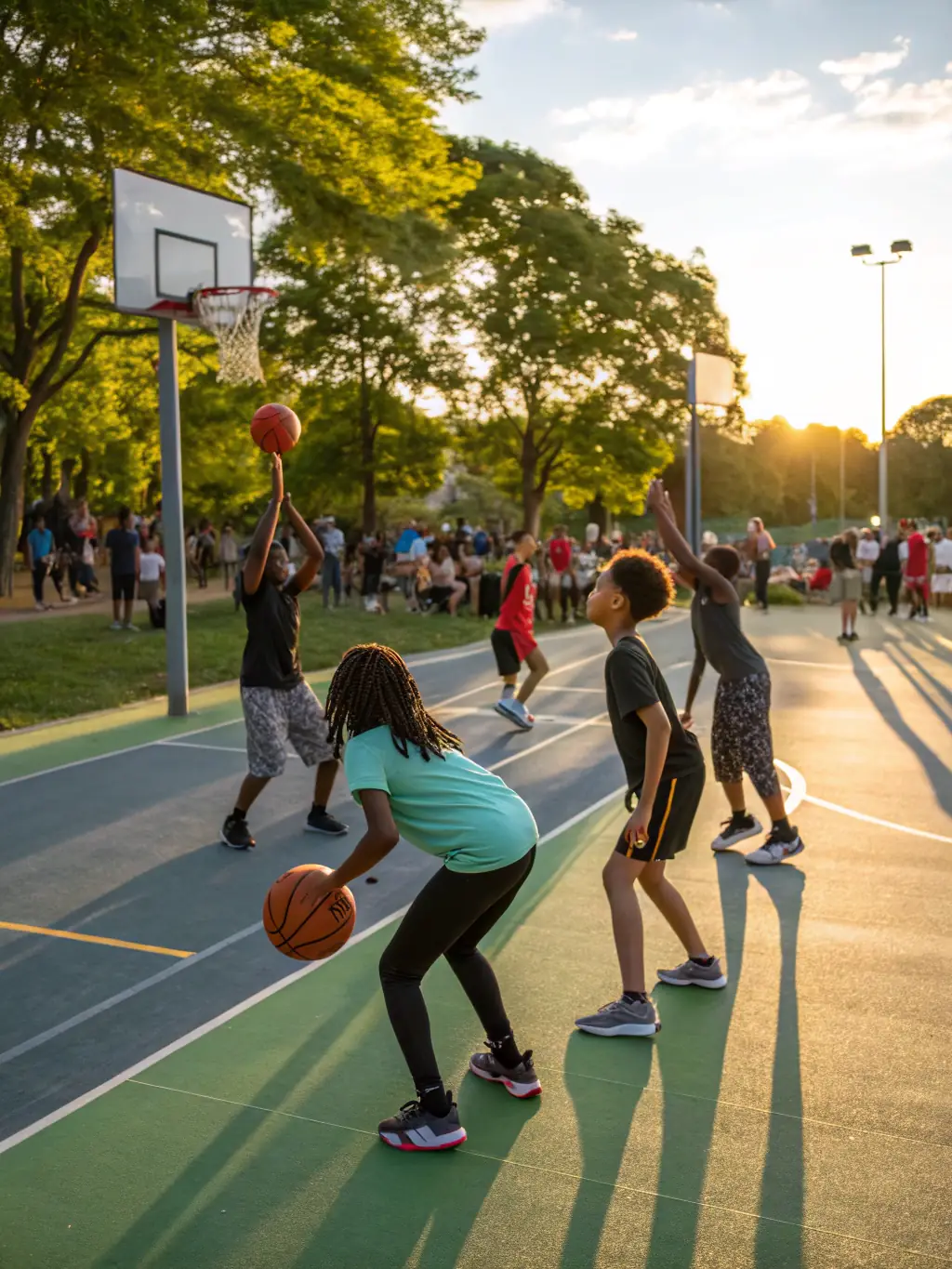A dynamic shot of a recreational basketball game organized by USV BASKET, showcasing players of various ages and skill levels enjoying the sport.