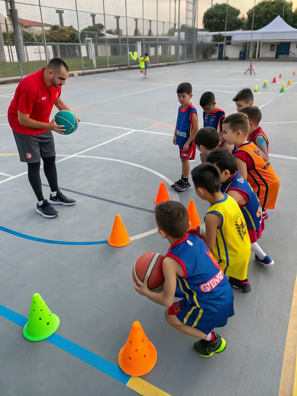 A vibrant image of young basketball players participating in a training session at USV BASKET, focusing on dribbling skills, with a coach providing guidance in the background.