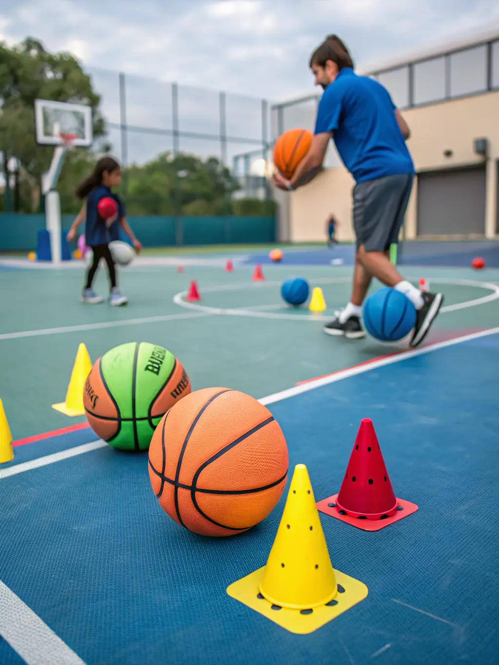 A group of young basketball players in USV BASKET uniforms practicing dribbling drills during a training session, focusing on skill development and coordination.