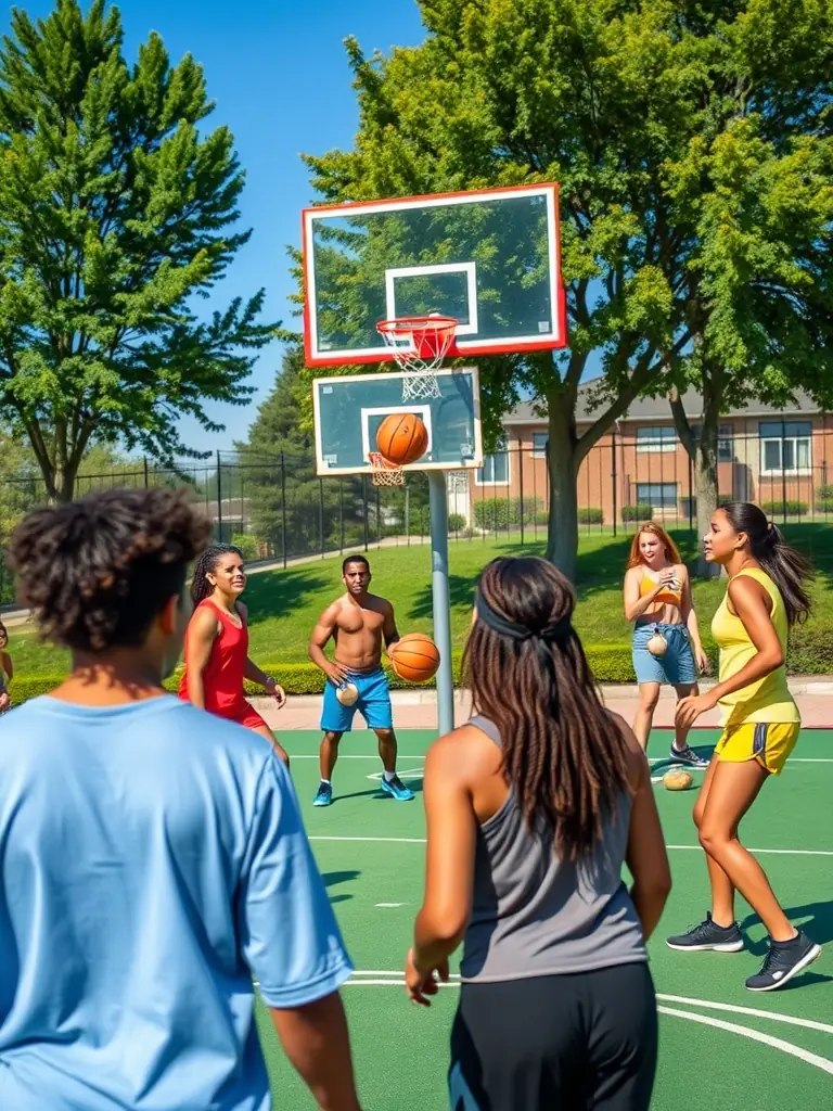 A diverse group of adults participating in a recreational basketball league game, showcasing the fun and social aspects of the sport.