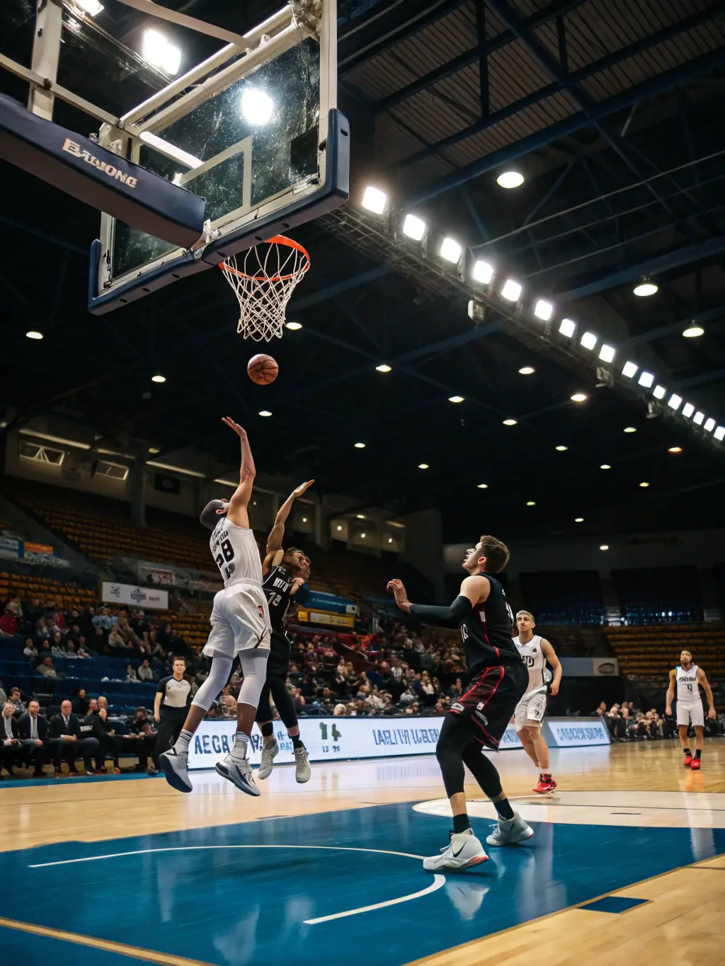 A USV BASKET competitive team in action during a high-stakes game, demonstrating their skills, strategy, and teamwork.